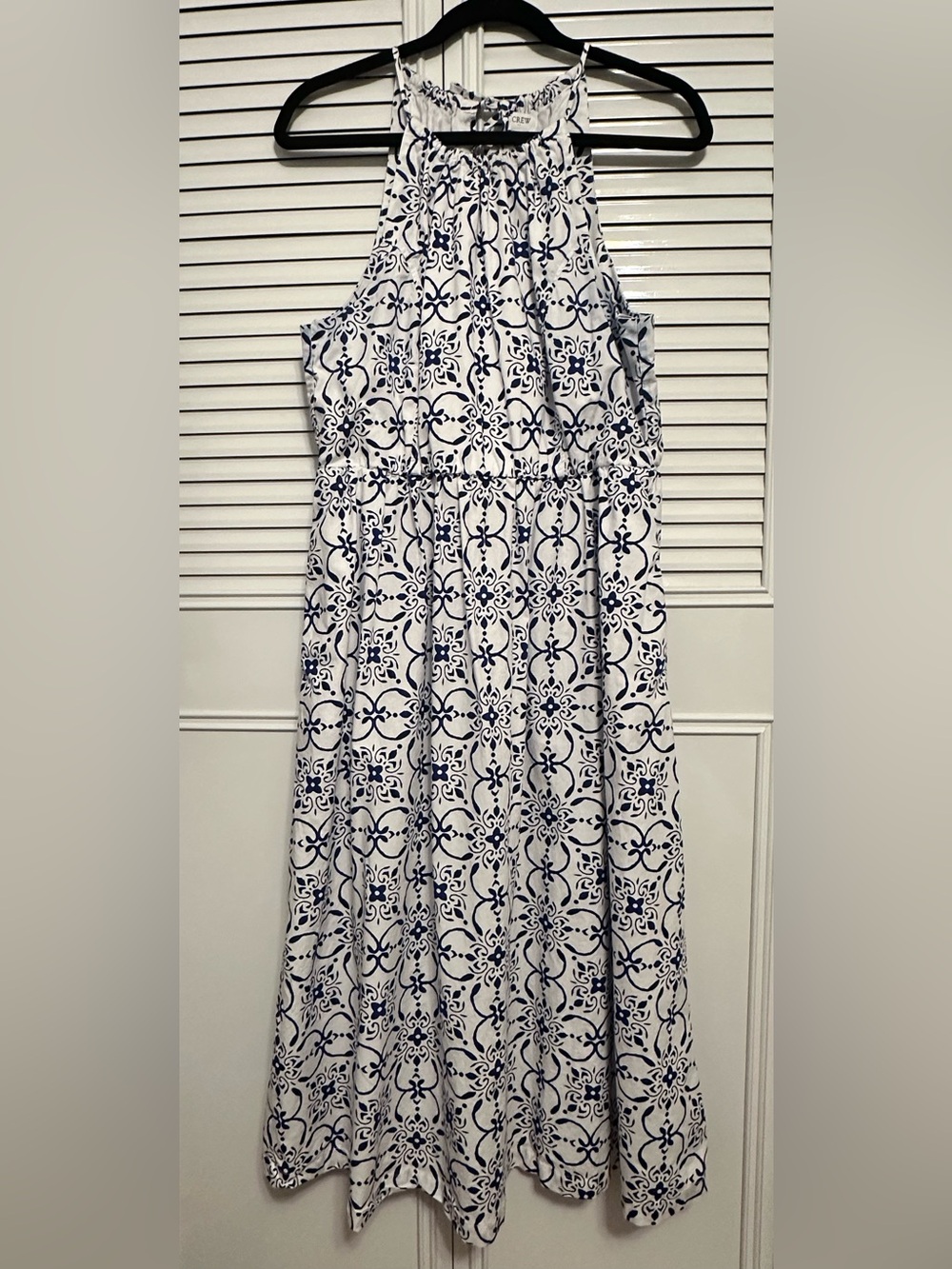 J Crew Factory Midi Halter Dress White with Navy Tile Print Size 12